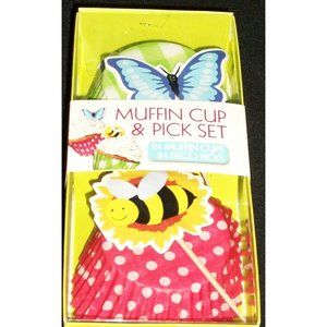24 2" Spring Dots Gingham Muffin Cupcake Kit Cups Liners Picks Papers Baking